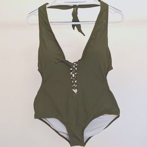 Olive Green Lace Up Tie Back One-Piece Swimsuit